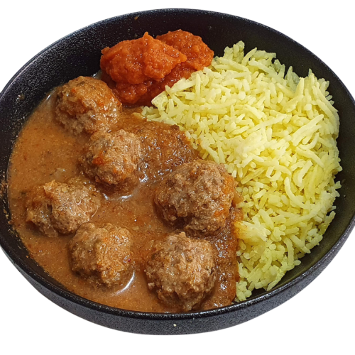 ball curry rice and deveil chutney